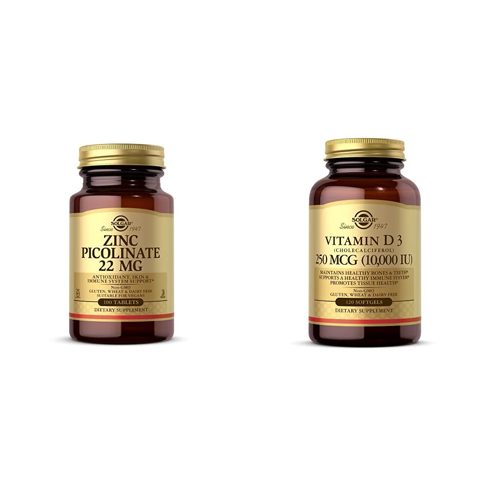 Solgar 아연 Picolinate 22 mg, 100 정제 - 건강한 피부를 촉진 - 비타민 D3 (Cholecalciferol) 250 MCG (10,000 IU), 120 Softgels를 가진 정상적인 T를 지원하십시오 - 건강한 뼈를 유지하는 도움