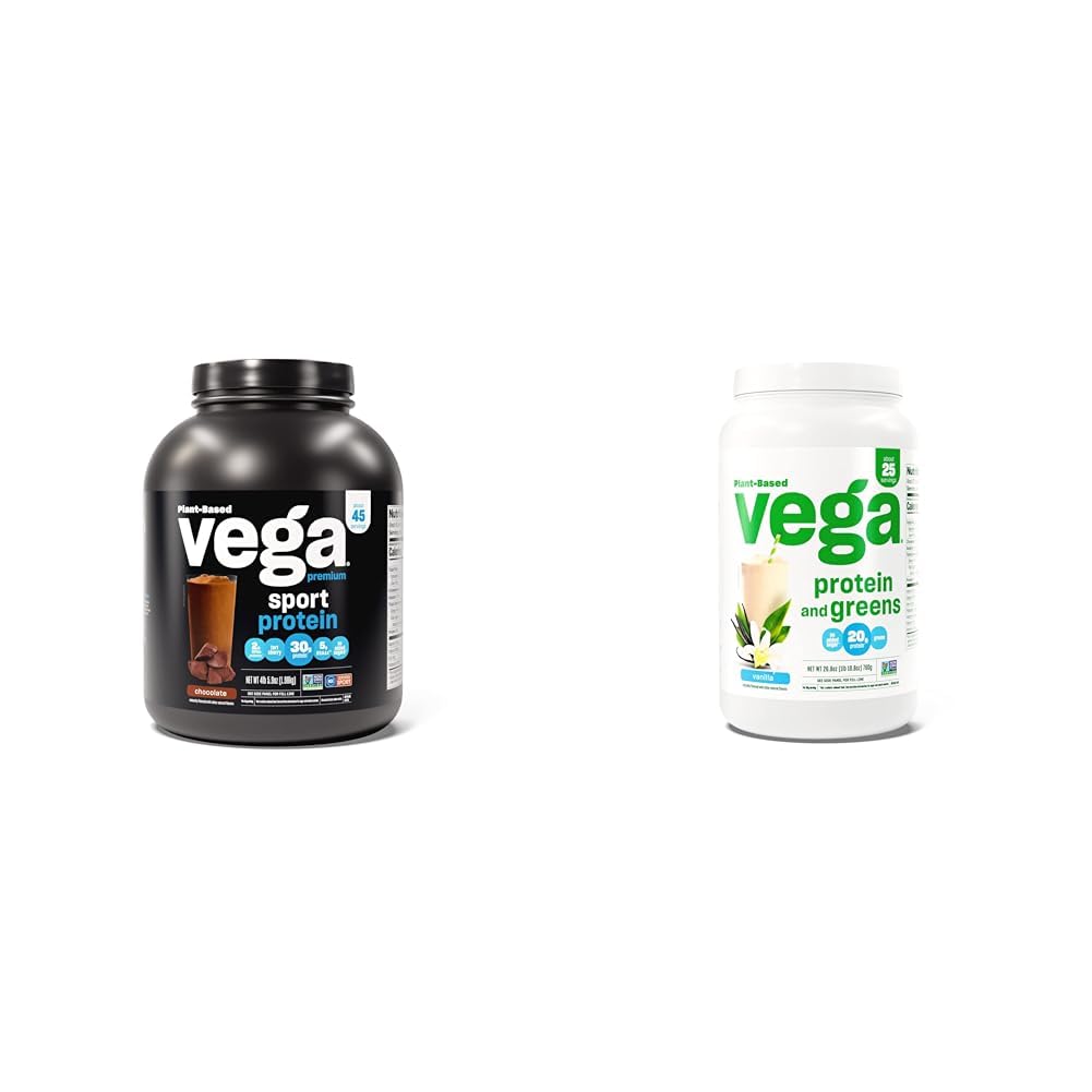 Vega 스포츠 프리미엄 채식 단백질 분말 초콜렛 (45 인) 30g 식물 기반 단백질 및 단백질 및 녹색 단백질 분말, 바닐라 - 20g 식물 기반 단백질 플러스 채소