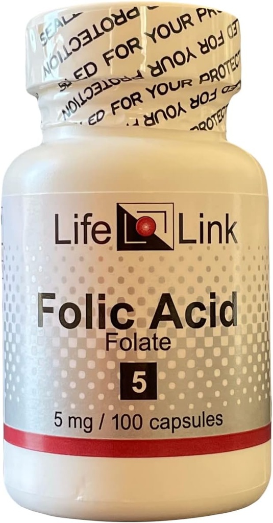 LifeLink Folic Acid | 5 mg x 100 캡슐 | Prenatal Health, Essential B 비타민 | 글루텐 프리 & 비 GMO | 미국에서 제작