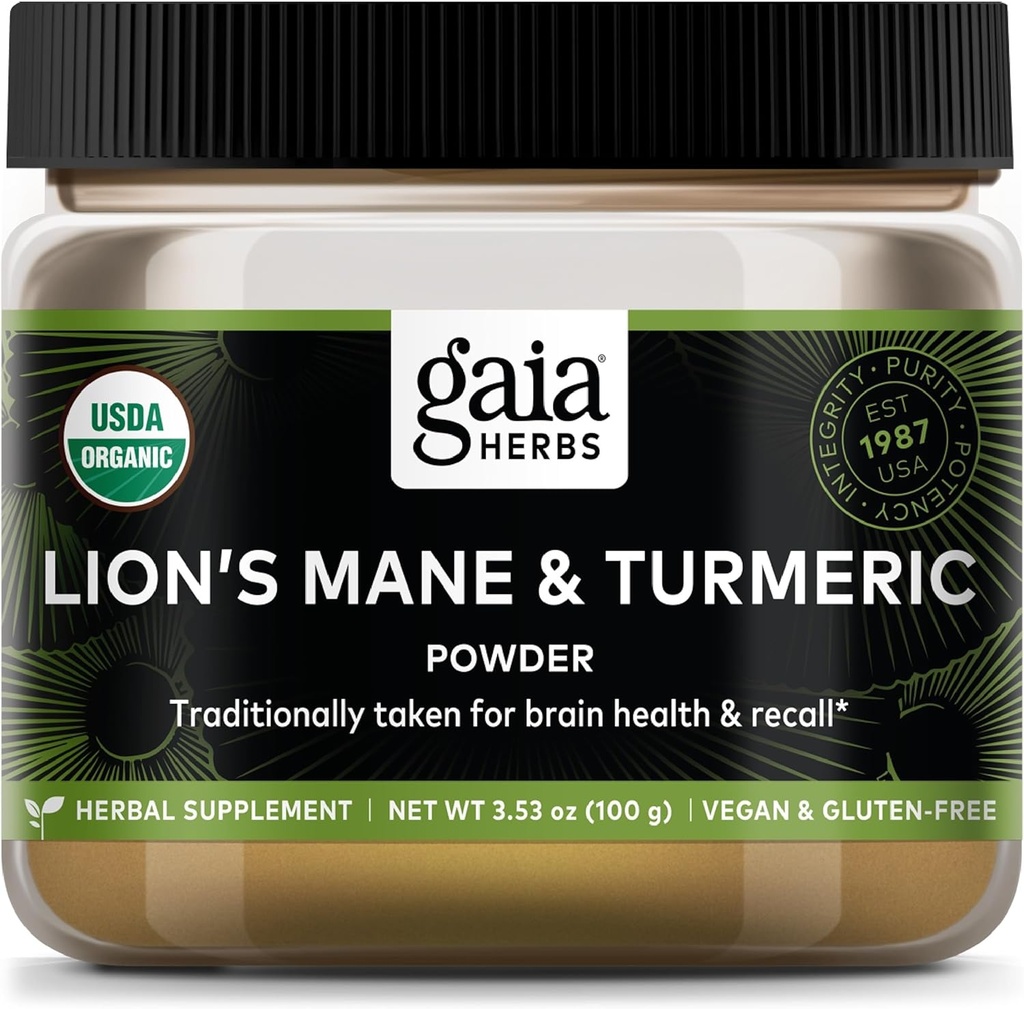 Gaia Herbs Lion's Mane & Turmeric Powder - 뇌 건강 및 리콜을 유지하는 데 도움이 허브 버섯 보충 분말 - USDA 인증 유기 3.53 Oz (45 일 공급까지)