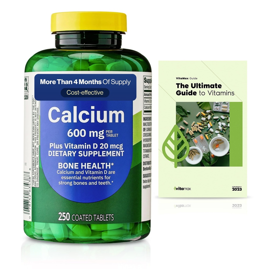 봄 밸리 칼슘 플러스 비타민 D 정제 규정식 보충교재, 뼈 건강, VIT D 20 mcg, 600 mg, 250 조사 + 독점 VitaMax 비타민 가이드 (2 항목)