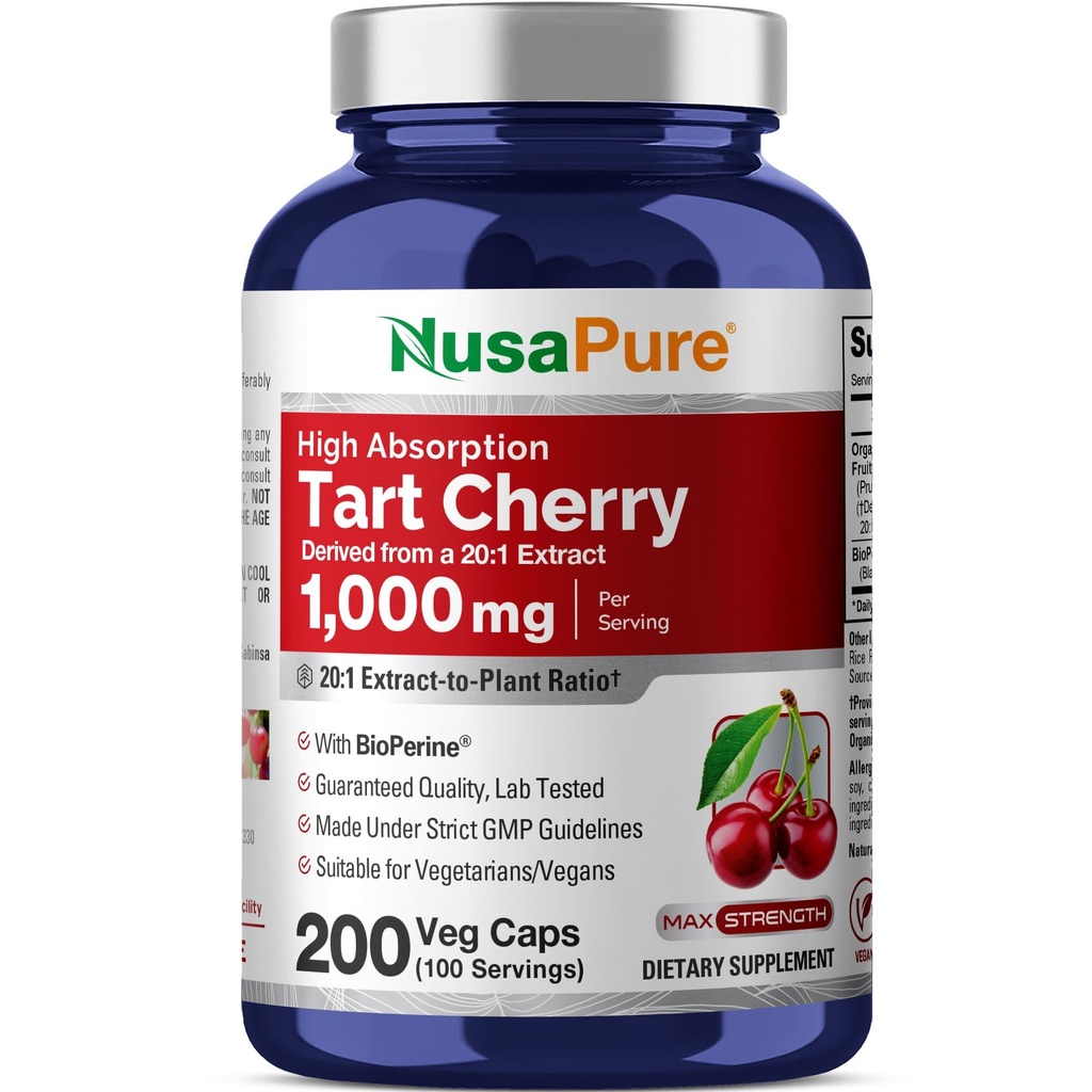 NusaPure 유기 타트 체리 20:1 추출물, 20,000 mg 200 Veggie Caps (Vegan, Non-GMO) Bioperine와 동등한 1000 mg