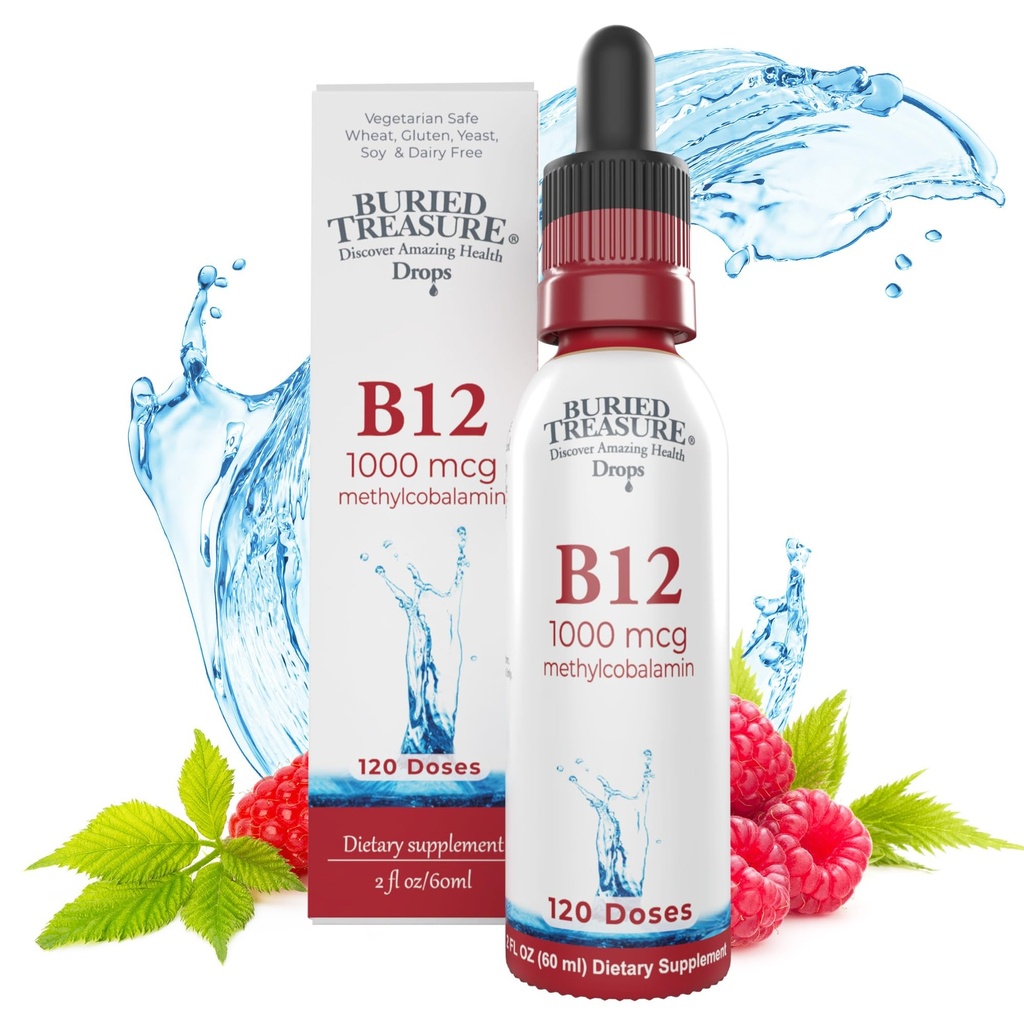 Buried Treasure B12 Drops - 1000mcg 비타민 B12 Methylcobalamin 서빙 당, 120 서빙 - 하위 언어 B12, 알코올 무료, Vegan, 라즈베리 맛, 2 온스 병, 졸업 Dropper 정확한 투약