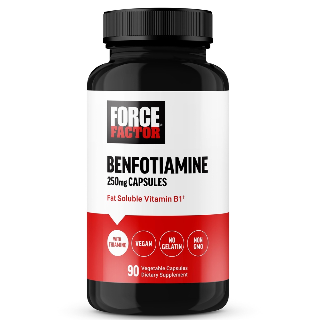 FORCE FACTOR Benfotiamine 플러스 Thiamine 보충교재, 높은 흡수를 위한 뚱뚱한 녹는 비타민 B1, 비 GMO, Vegan, 90 식물성 캡슐