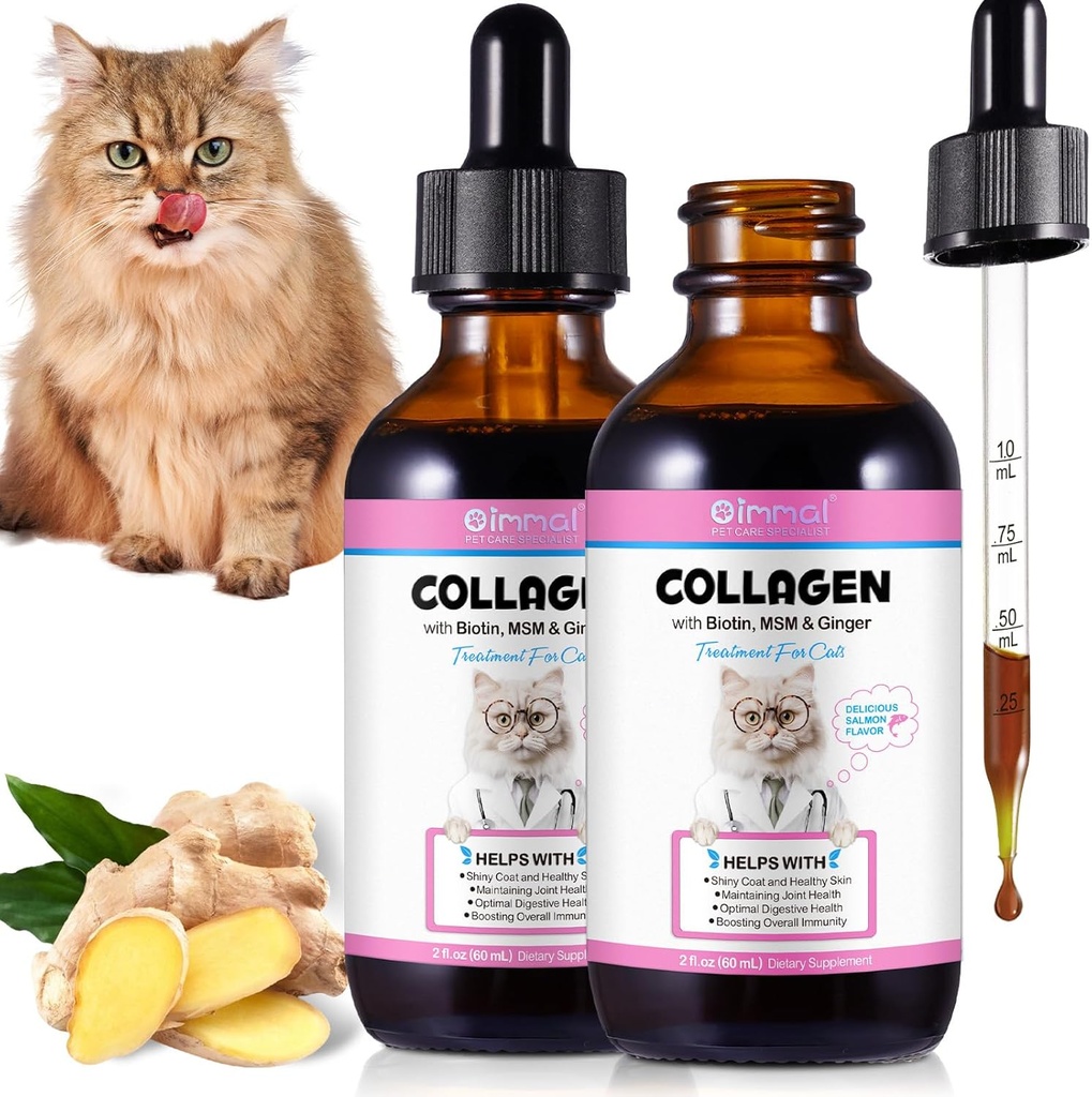 고양이를 위한 2Pack 액체 교원질, 고양이를 위한 교원질 2 fl.oz, 고양이를 위한 피부와 외투 보충교재, 알레르기를 가진 고양이를 위한 Itch 기복, Bovine 교원질, Biotin, MSM, Ginger, 고양이 하락을 위한 교원질