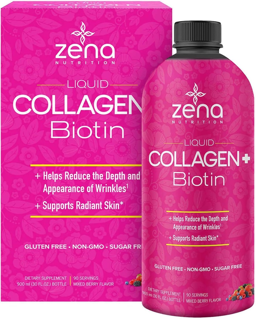 Zena Liquid Collagen + Biotin : 2500mg Collagen, 5000mcg Biotin, Verisol 공식 | 헤어, 피부, 네일 및 조인트 지원 | 비 GMO, 혼합 베리 맛 | 90 인분