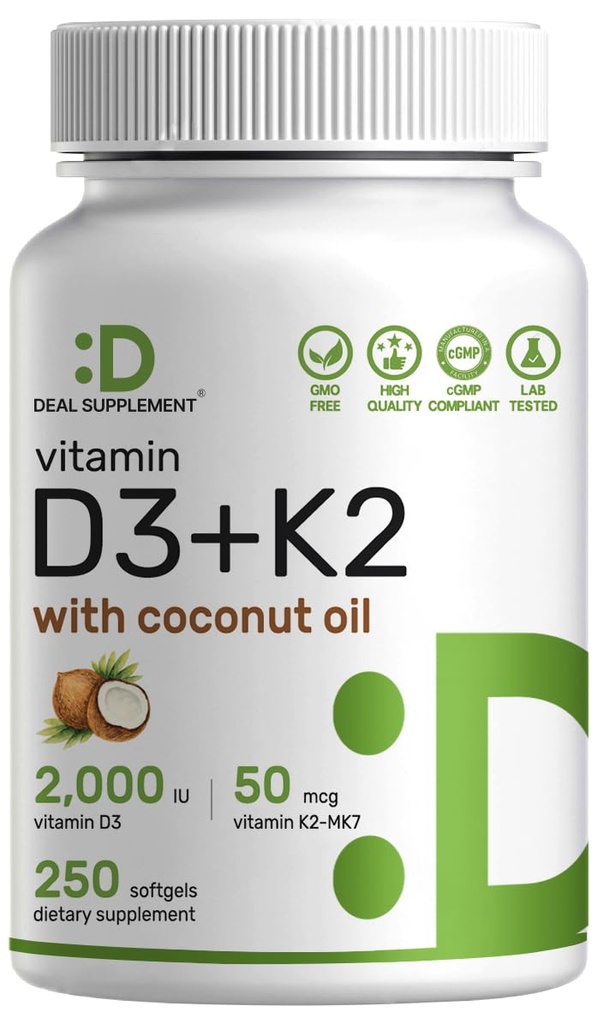 DEAL SUPPLEMENT 비타민 D3 2,000 IU + K2 MK7 50mcg Softgels | 2in-1 Complex with Virgin Coconut Oil | 서포트 하트, 뼈, 치아 및 면역 건강 | 삼겹게