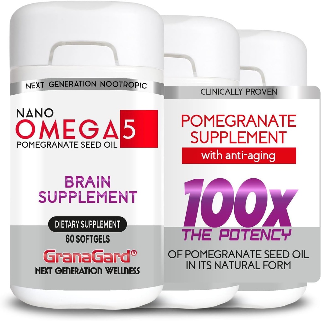 CLINICALLY Proven (3 개월 공급) 뇌 보충제 노화 방지, 메모리 알약, 오메가 5 석류 보충, 3 병 60ct 각각