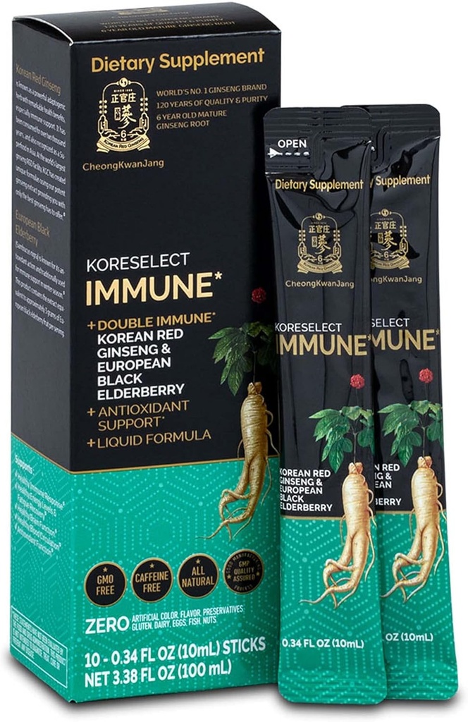 Elderberry Liquid Sticks, Immunity Support, Blood Circulation Booster, Natural Energy Supplement, 6 Year Old Asian Panax Ginseng, 10 Count와 Immune, 한국어 레드 인삼 추출물