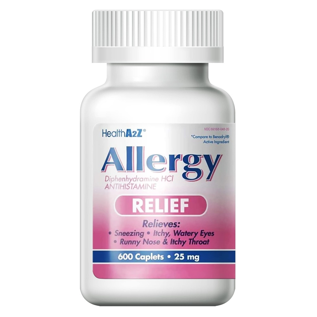 건강A2Z® 알레르기 완화 | Diphenhydramine HCL 25mg | Antihistamine | 이시브 스로트, 스니싱, Runny Noses의 구호 | 실내 및 실외 알레르기 (600 캡슐)