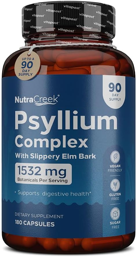 심리엄 복합 단지 | 심리엄 파우더 11-Ingredient Psyllium Husk 캡슐, Slippery Elm & Ginger to Cleanse & Support Digestive System Health | 180 캡슐