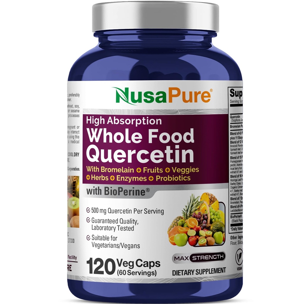 NusaPure Quercetin with Bromelain 500mg |120 Veggie Cap | 43 과일 Veggie 곡물 허브 효소 프로바이오틱 혼합 | 비 GMO, Vegan, Bioperine