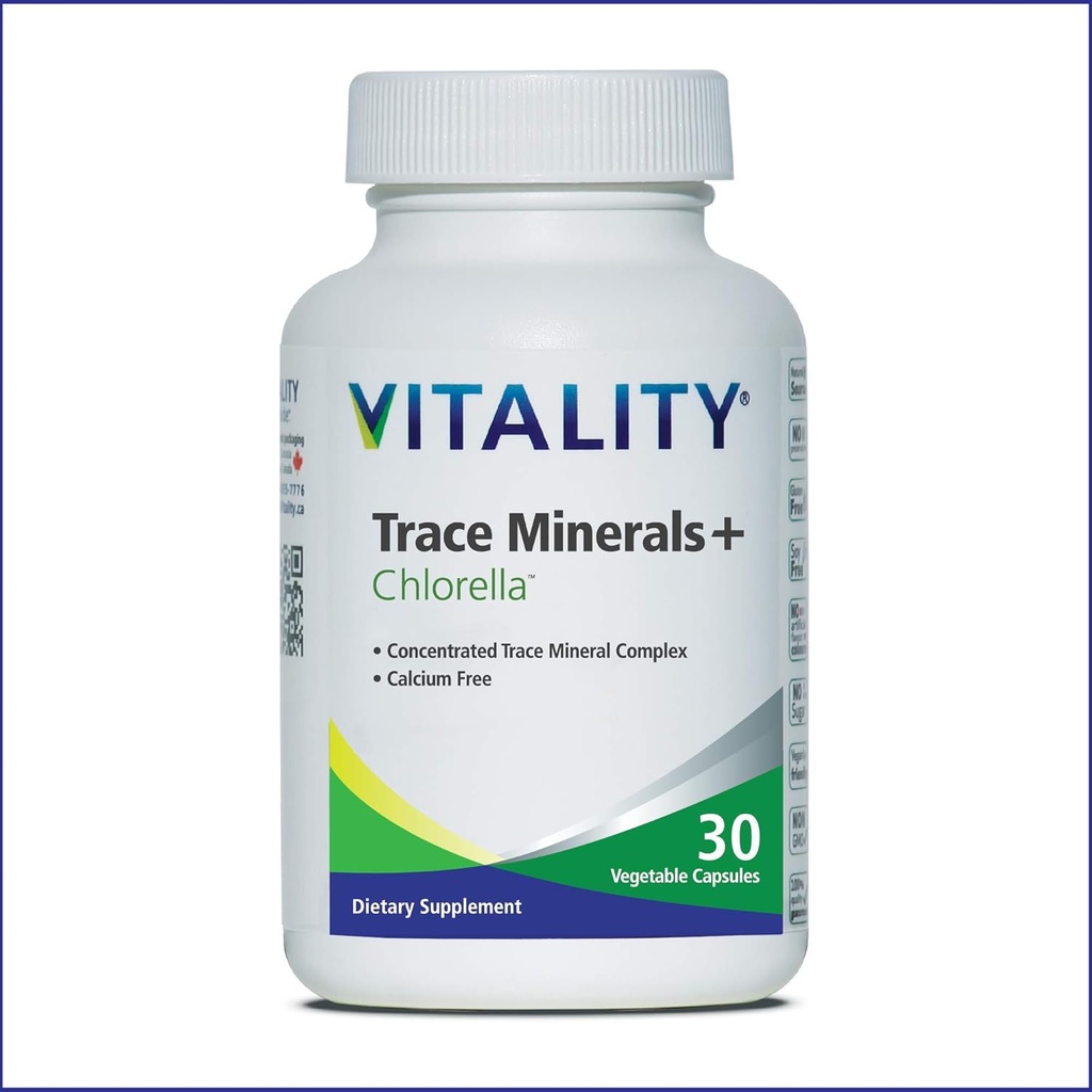 Vitality Trace Minerals + Chlorella – 30 Days/Capsules- Canadian-Made Full Spectrum Mineral Complex | 망간, 아연, 셀렌 및 기타 | 에너지 및 면역력을 지원합니다. Vegan, 알레르기 무료.