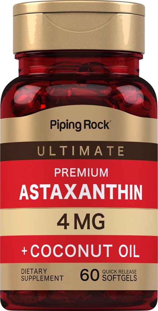 Piping Rock Astaxanthin 4mg | 60 Softgel | 코코넛 오일 | 조류 추출물 보충 | 비 GMO, 글루텐 무료