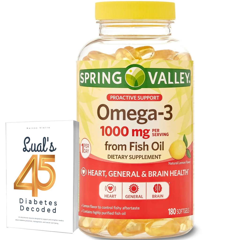 봄 밸리 오메가-3 물고기 기름 연약한 젤, 1000 mg, 180 조사, 규정식 보충교재, Lual의 45 당뇨병을 가진 Omega-3 지방산 뭉치 암호로 고쳐 쓴