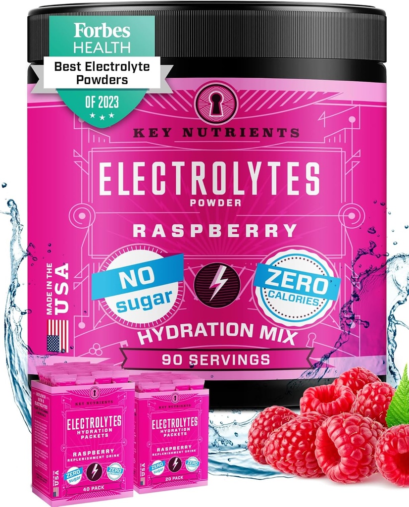 KEY NUTRIENTS Multivitamin Electrolytes Powder No Sugar - Juicy Raspberry Electrolyte Powder - Hydration Powder - Calories, Gluten Free Keto Electrolytes Powder - 90 서빙 - 미국
