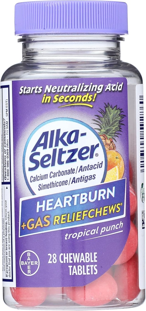 Alka-Seltzer Heartburn + Gas ReliefChews - Heartburn, Gas, Acid Indigestion 및 Sour Stomach의 구호 - 열대 펀치 맛 - 28 개