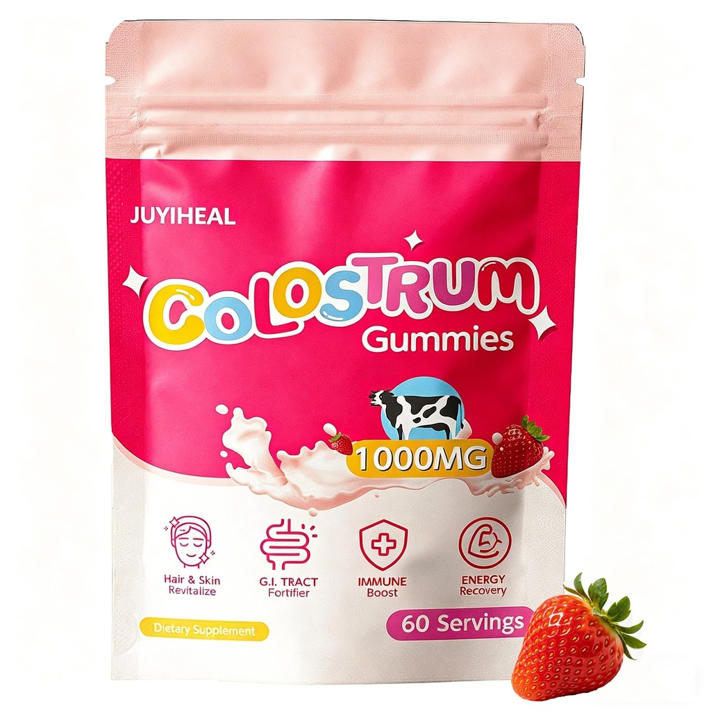 Colostrum Gummies, 1000 mg 잔디 ed Colostrum Chews Colostrum Gut 건강, 머리 성장, 아름다움 및 면역 지원, 딸기 풍미 60의 서빙을 위한 보충교재