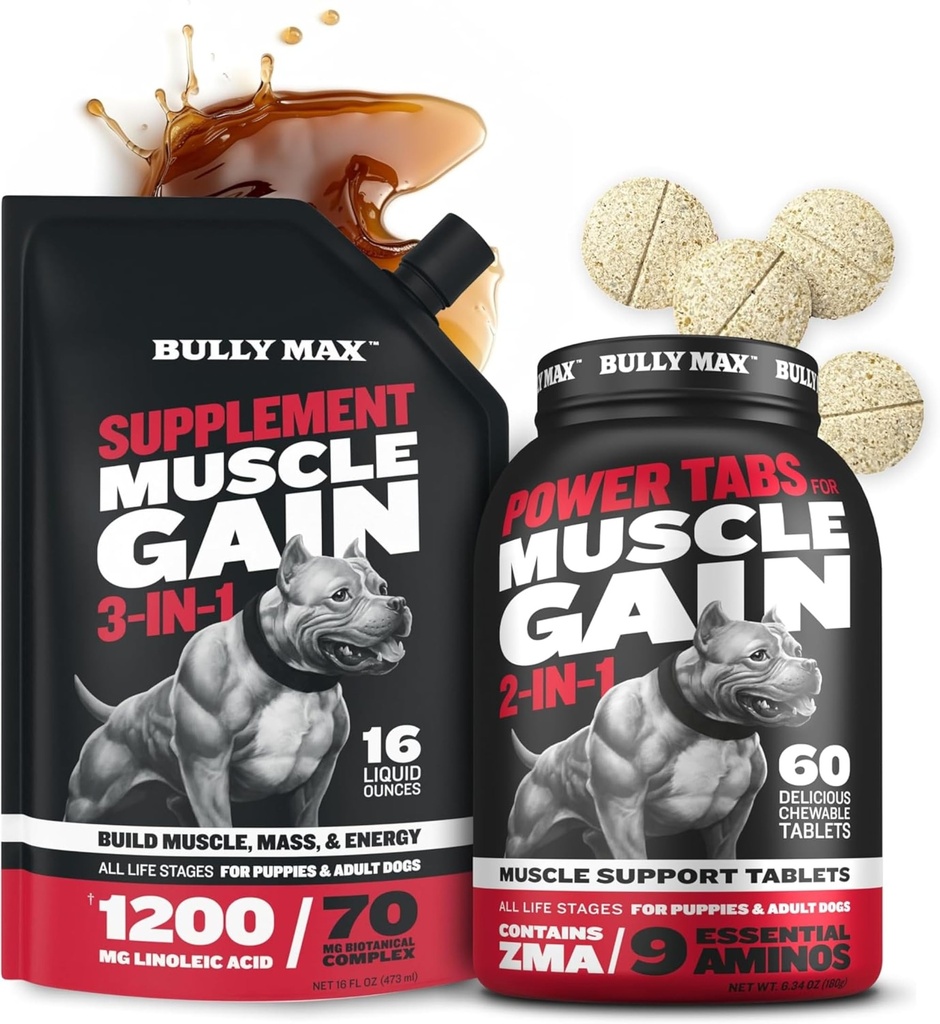 Bully Max 3-in-1 Liquid Dog Muscle Builder 및 Power Tabs (60 탭) 번들 - 근육 성장, 에너지 및 모든 Breeds, 강아지 및 성인 개에 대한 높은 단백질 보충 및 Chewable Multivitamins