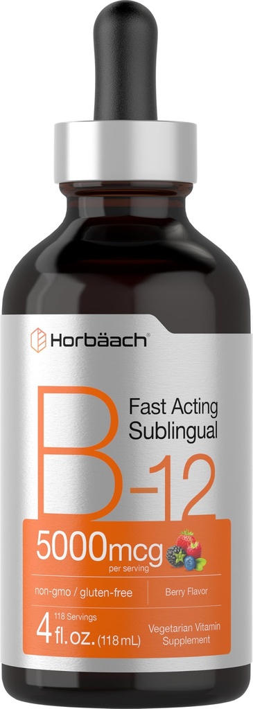 Horbaach B12 비타민 5000 mcg 하위 언어 | 4 Fl Oz | Methylcobalamin 및 Cyanocobalamin | 액체 채식 쓰레기 | 베리 맛 | 비 GMO & 글루텐 무료 보충