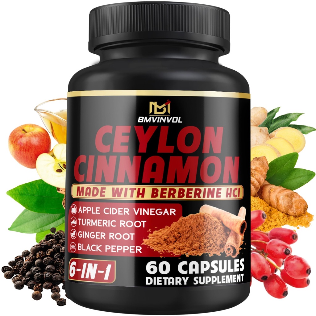 Berberine HCl, Apple Cider Vinegar, Turmeric, Ginseng, Black Pepper와 Ceylon Cinnamon 캡슐 - 6in1 지원 면역 기능 - 60 개