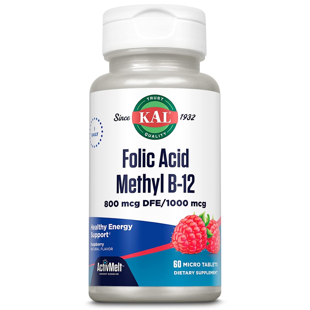 Kal 800 Mcg Folic 산성 메틸 B-12 정제, 라즈베리, 60 조사