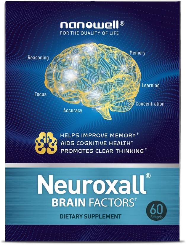 NANOWELL Neuroxall 뇌 요인 - 비타민 B6, Astaxanthin, Ginkgo Biloba 추출물 및 Phosphatidylserine과의인지 지원 - 뇌 건강, 기억 및 초점 - 60 Softgels