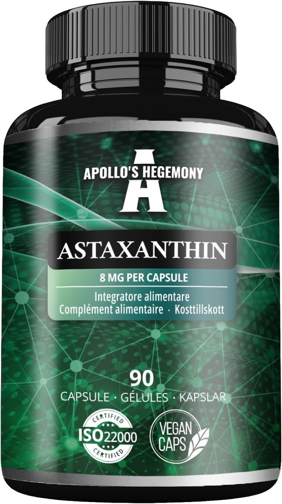 APOLLO'S HEGEMONY Astaxanthin 8 mg Microalgae Haematococcus pluvialis - 90 Vegan 캡슐 - 3 개월 공급 - 강력한 산화 방지제 - 다이어트 보충