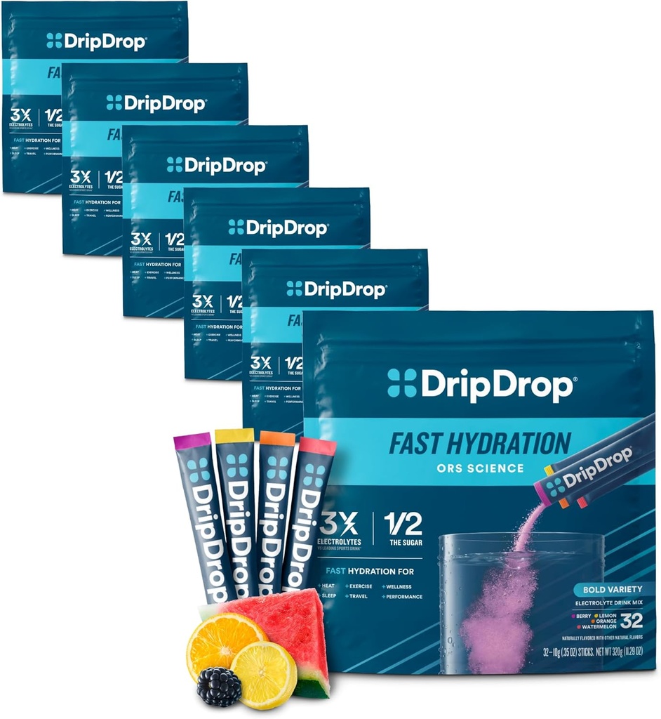 DripDrop Hydration Packets - 대담한 다양성 팩 - 단일 Serve Electrolytes 분말 음료 혼합 - Watermelon, Berry, 레몬, 오렌지 - Non-GMO, 글루텐 무료, Vegan - 192 스틱