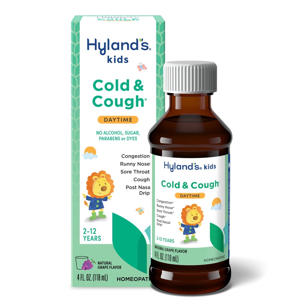 Hyland의 Kids Cold와 Cough, Daytime Grape flavor Cough Syrup Medicine for Kids Ages 2 and up, Decongestant, Sore Throat Relief, Common Cold Symptoms, 4 Fl Oz