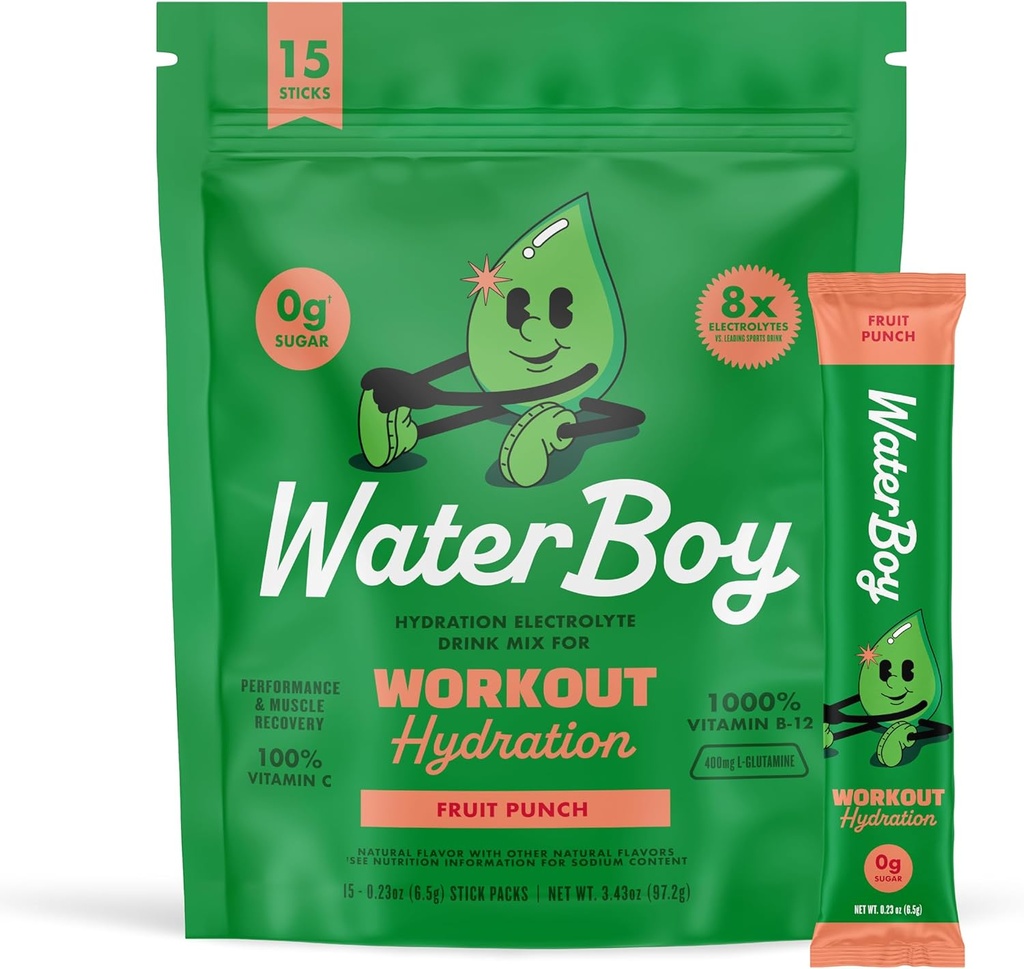 워터보이 운동 히드라이즈 | 2,960mg 슈가프리 일렉트로테 파우더 패킷 | L-Glutamine + Vitamin | No Sugar, All Natural, Gluten Free | 15 음료 스틱 믹스 (Fruit Punch)