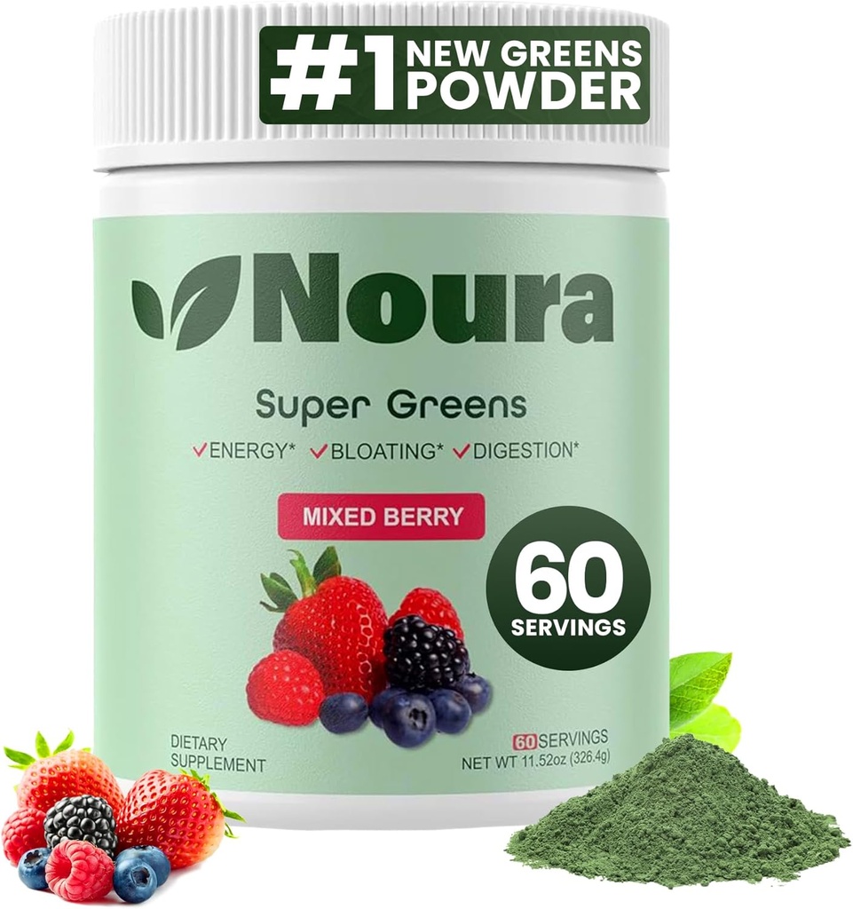Super Greens Powder, 60 서빙 - 면역, 에너지를위한 소화 효소 및 Probiotics, Gut Health, 여성을위한 Bloating Relief - Greens Superfood Powder - 혼합 Berry