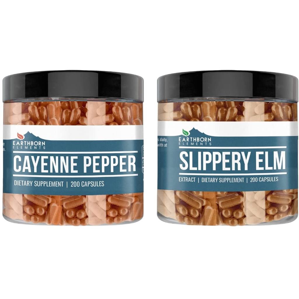 Earthborn Elements Cayenne Pepper & Slippery Elm 번들 (200 캡슐 각각) Pure & Undiluted, 첨가물 없음