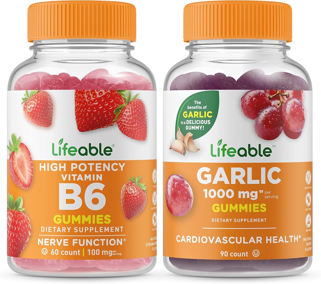 Lifeable 비타민 B6 + 마늘 1000mg, Gummies 번들 - 훌륭한 타스팅, 비타민 보충, 글루텐 무료, GMO 무료, Chewable