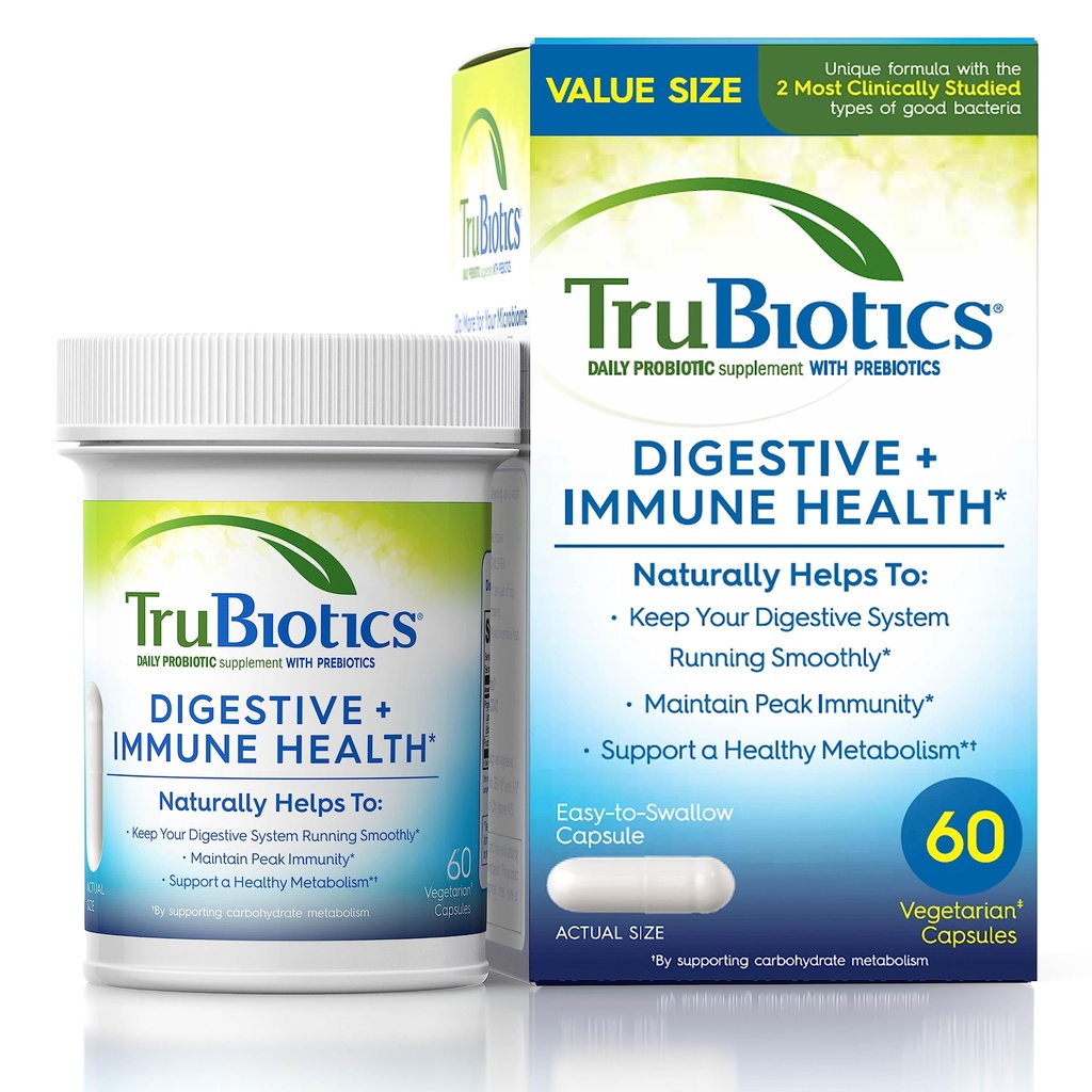 Digestive & Immune 건강을 위한 TruBiotics Probiotics, 지원 일정 및 도움은 Abdominal Discomfort, 가스 & bloating, 2 임상적으로 Studied Probiotic Strains, 플러스 Prebiotics, 60의 캡슐을 구호합니다