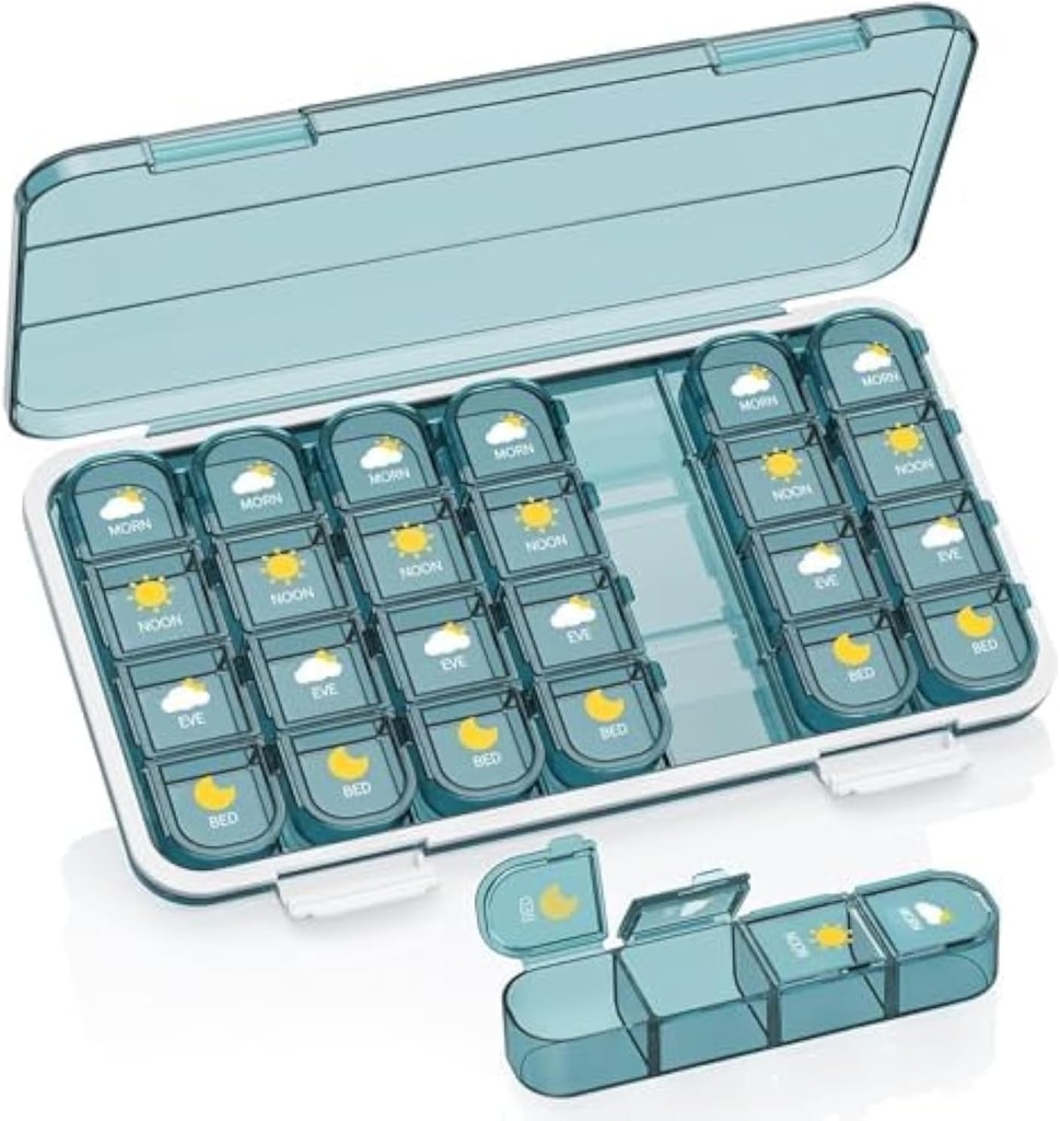 알약 주최자 4 시간 하루, 알약 상자 4 시간 하루 7 일 - Acedada Weekly Medicine Box Organizer with 별도의 케이스, 휴대용 일일 알약 컨테이너 디스펜서 비타민, 물고기 오일, 보충제, 블루
