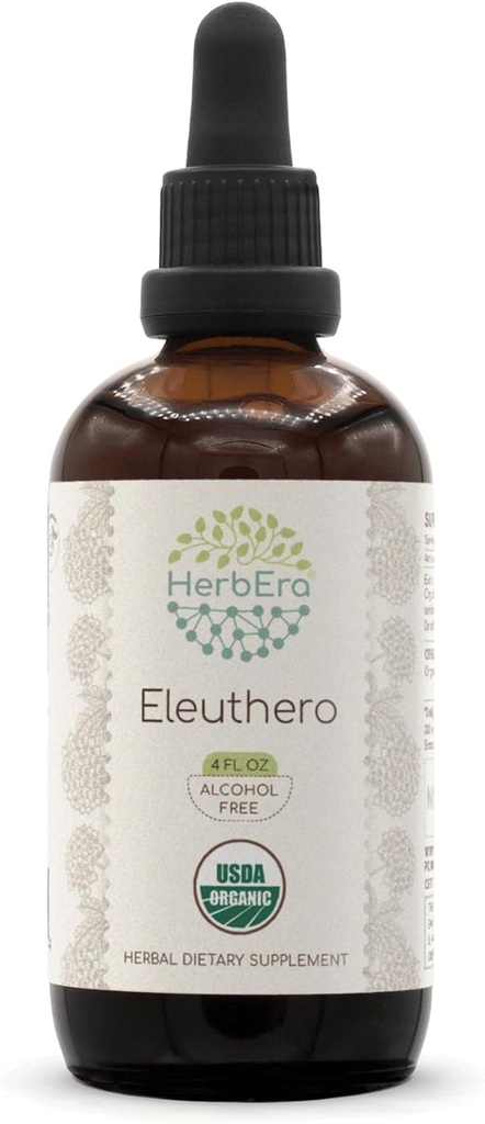 HerbEra Eleuthero B120 USDA 유기 탈옥 | 알코올 무료 추출, 고순도 초본 드롭 | 인증 유기 Eleuthero (Eleutheroccus Senticosus, Siberian Ginseng) 건조 뿌리 (4 oz)