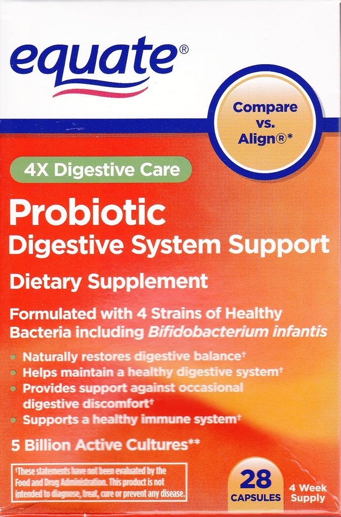 Equate - Probiotic, 소화 시스템 지원, 4X 소화 케어, 28 캡슐 (Compare vs. Align)