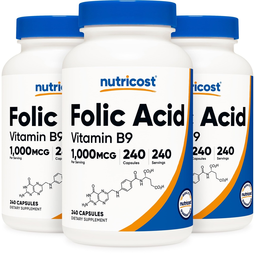 Nutricost Folic 산 (비타민 B9) 1000 mcg, 240 캡슐 (3 병)