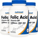 Nutricost Folic 산 (비타민 B9) 1000 mcg, 240 캡슐 (3 병)