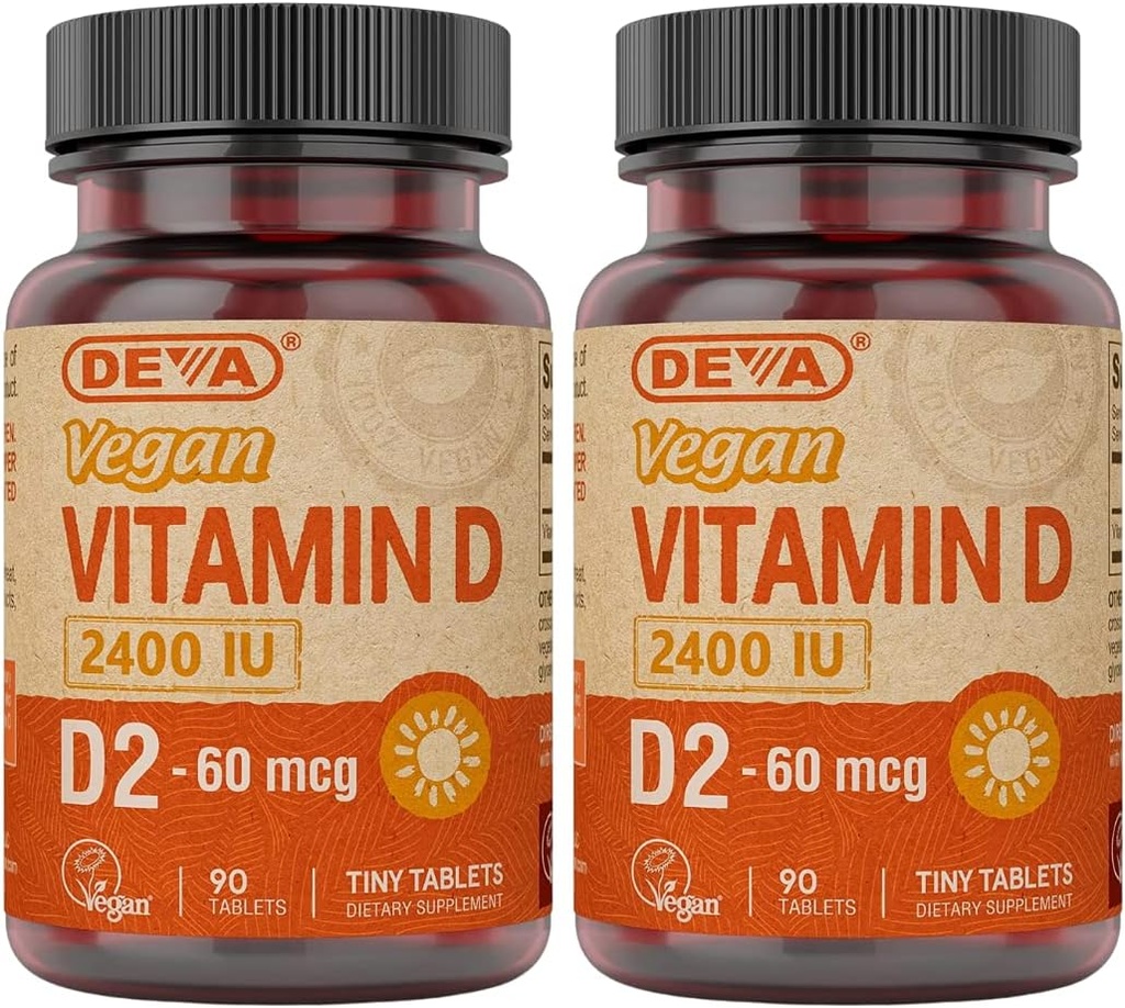 DEVA Vegan 비타민 D2 60 mcg 2400 IU의 동물성 성분 없음을 가진 Ergocalciferol 보충교재, 90의 정제 (포장 2)