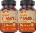 DEVA Vegan 비타민 D2 60 mcg 2400 IU의 동물성 성분 없음을 가진 Ergocalciferol 보충교재, 90의 정제 (포장 2)