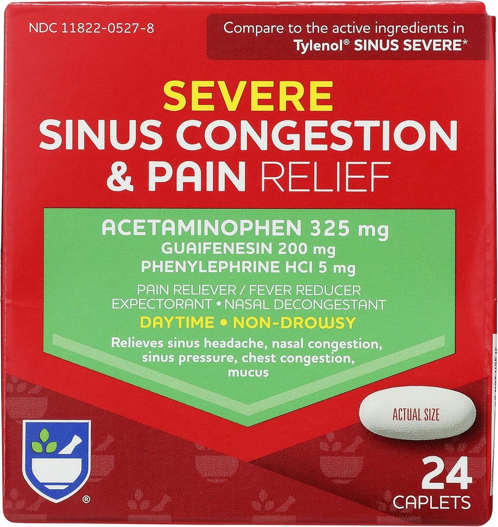 Rite Aid Daytime Severe Sinus Congestion & Pain Relief - Acetaminophen, 325 mg - 24 Caplets | 멀티-Symptom Non-Drowsy | 구호 | 감기와 독감 | 성인용 냉증 약