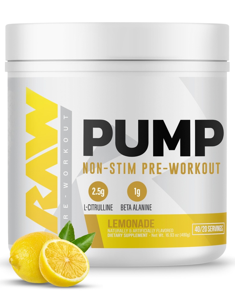 RAW Pump Stim Free Pre Workout (Lemonade) - Non-Stimulant Pre Workout Supplement Powder Nitric Oxide Booster - 운동 중에 사전 운동 보충제 음료 - 40 서빙