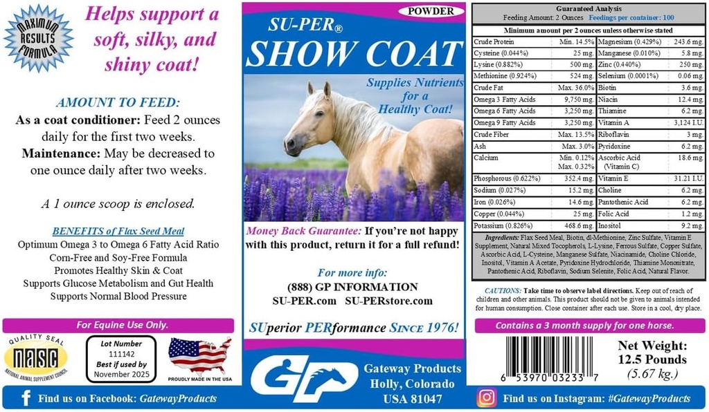 SU-PER Show Coat Supplement for Horses - 소프트, 실크 및 빛나는 코트 지원 - 더 빠른 매니큐어 및 꼬리 성장 - 아미노산, B 복합 비타민 및 미네랄 - 12.5 파운드, 3 개월 공급