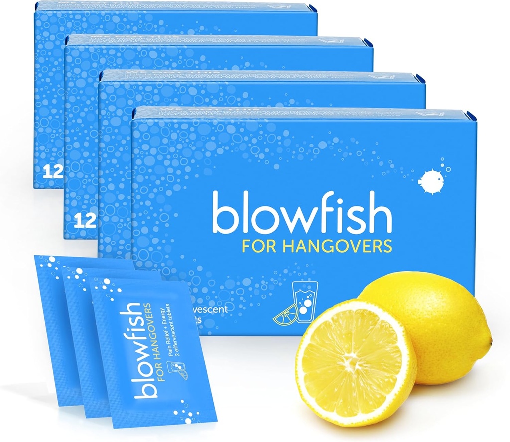 Hangovers에 대한 Blowfish | 빠른, 효과적인 Hangover 구호 | 15분간의 일|Hirtes, Relieves Headache, Boost Energy in One Step (4 박스)