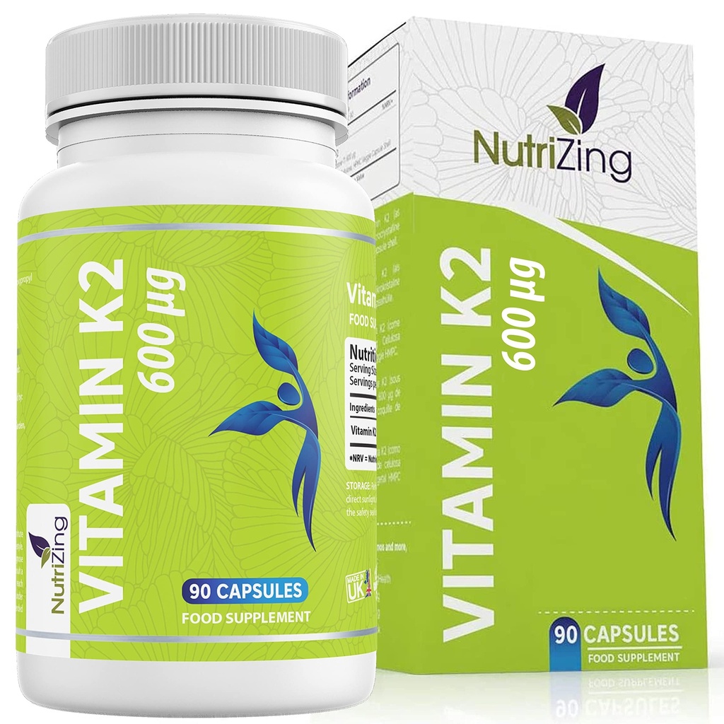 NutriZing K2 비타민 보충교재 MK-7 - 고강도 600mcg - 지원 뼈 & 동맥 건강 - 90 Vegan 캡슐 - 남자 & 여자를 위한 비타민 K2 - 3 달 공급