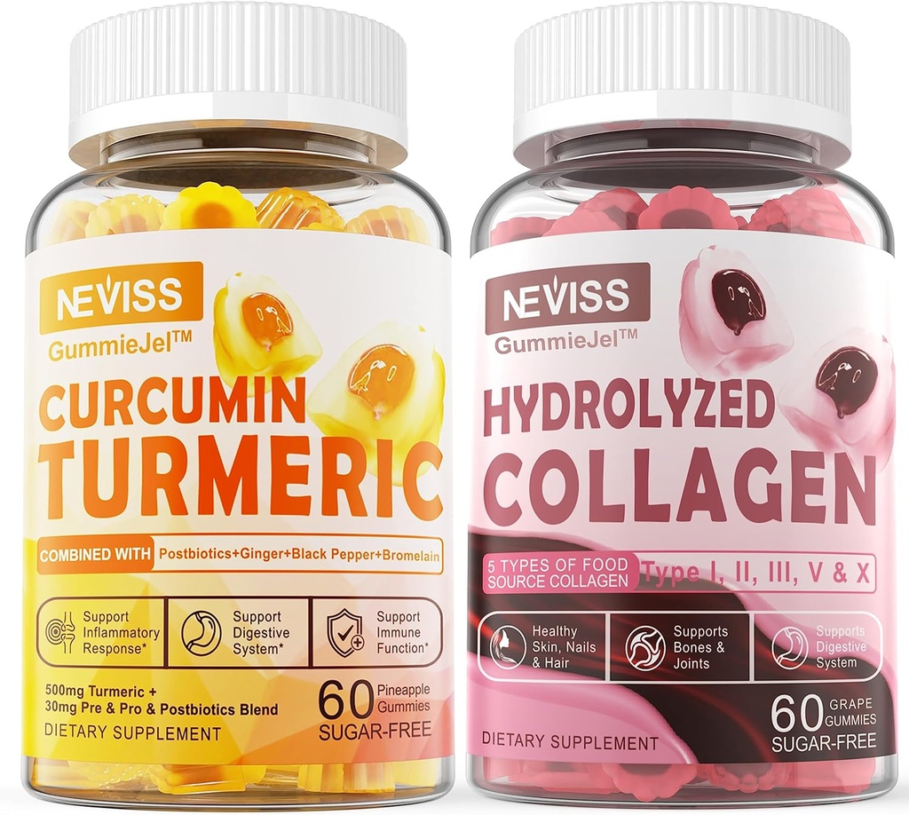 Sugar Free Collagen Filled Gummies + Sugar Free Turmeric Curcumin Filled Gummies, 건강한 피부 머리 손톱, 뼈 및 관절 지원, 면역 및 소화 건강