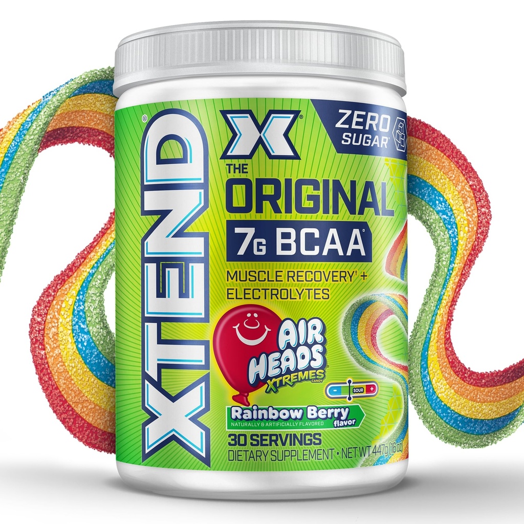 Xtend 본래 BCAA 분말 Airheads 무지개 베리 풍미, 7g BCAA 및 2.5g L 글루타민, 설탕 남자 & 여자를 위한 아미노산을 가진 설탕 자유로운 포스트 운동 근육 회복 음료, 30의 서빙