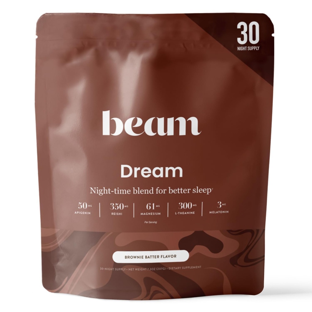빔 드림 수면 파우더 - Melatonin, 마그네슘, L-Theanine, Reishi Mushroom & Apigenin Sleep Supplement, Sleepy Cocoa Bedtime Drink Mix, Brownie Batter flavor, 30 서빙이있는 성인을위한 수면 보조